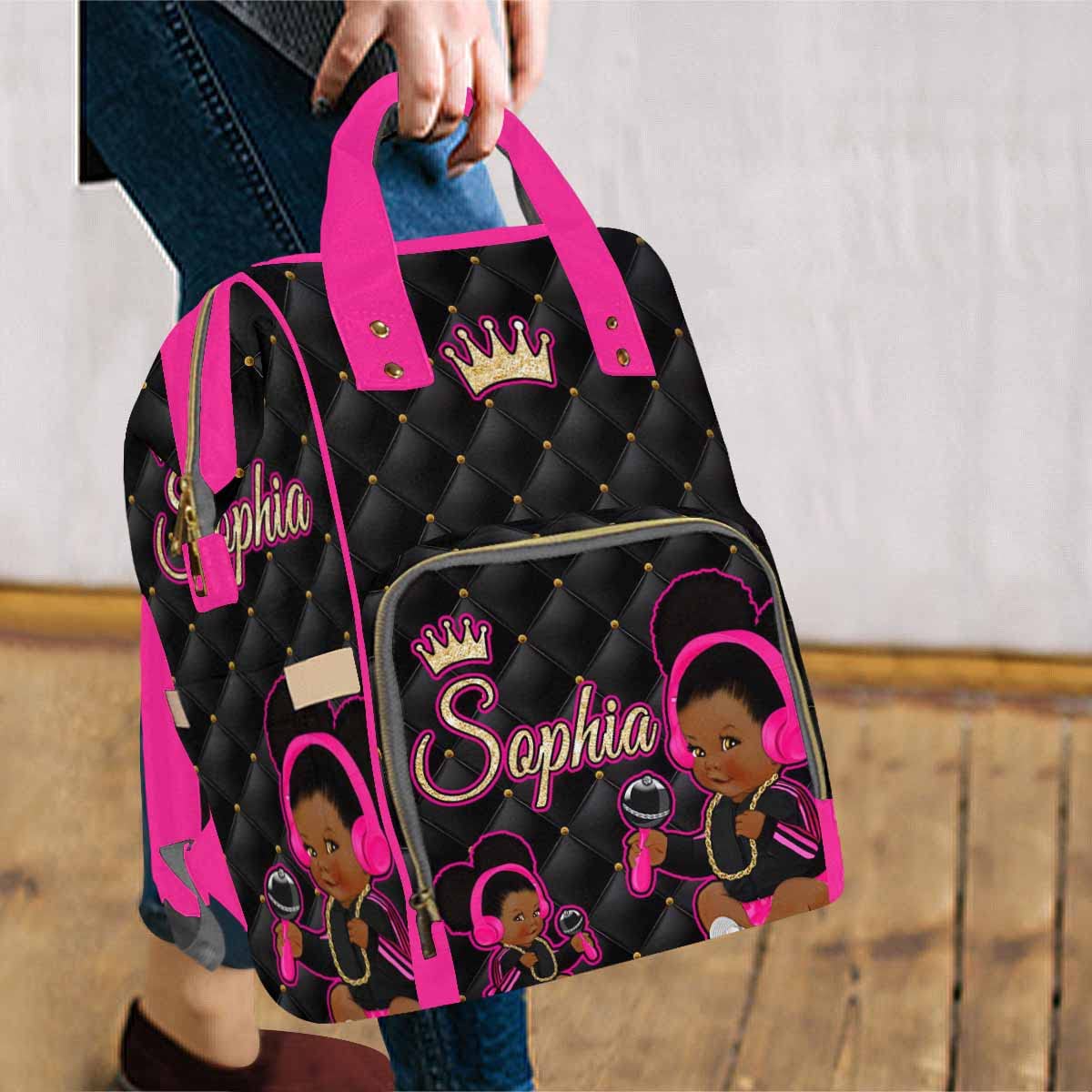 Artsadd Custom Baby Bag For Mom Gifts, Personalized Yellow Crown And Black Diaper Bag Shoulder Bag With Stroller Straps Large Ca