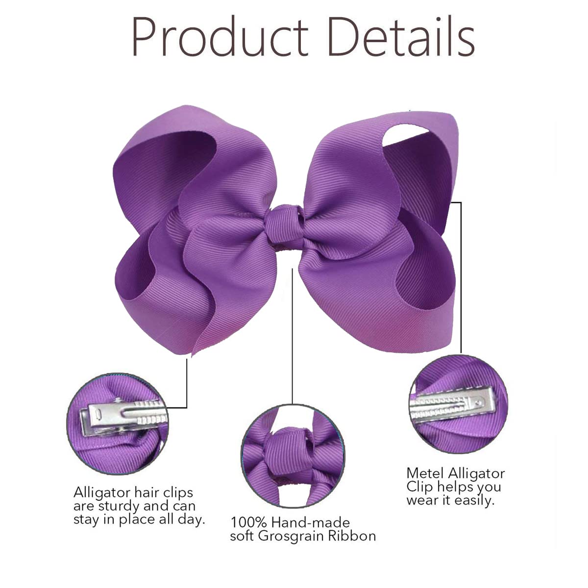 Purple Bows For Girls,6Pcs Hand-Made Grosgrain Ribbon Hair Bows Alligator Clips Hair Accessories For Little Teen Toddler Girls K
