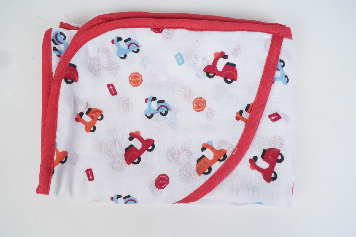 Baby Muslin Swaddle Wrap Blanket with Scooter Print, White