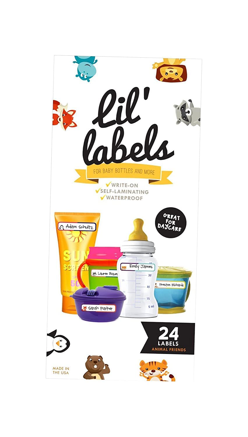 Bottle Labels, Write-On Name, Self-Laminating, Waterproof, Baby Bottle Label For Daycare, Made In The Usa (Animal Friends Set Of