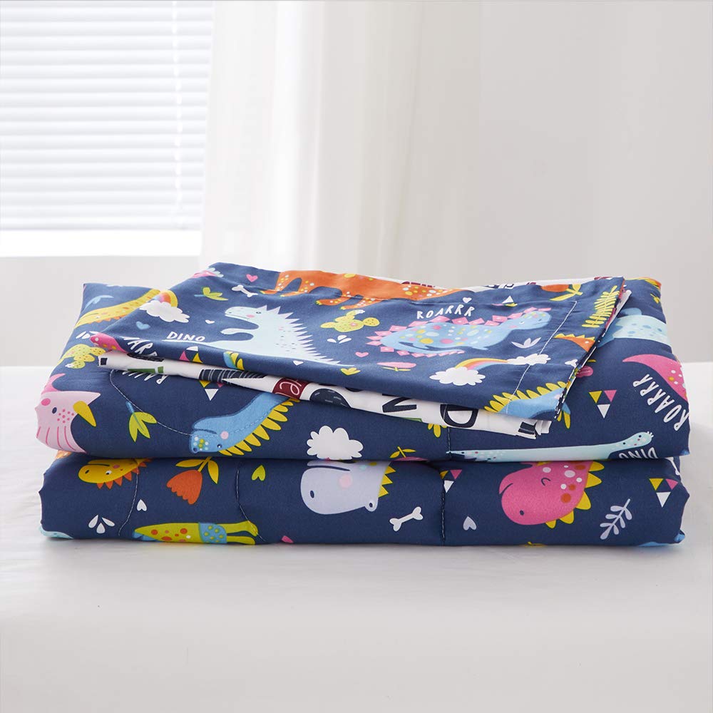 Joyreap 4 Piece Toddler Bedding Set, Standard Size Colorful Dinosaur Printed On Navy, Includes Quilted Comforter, Fitted Sheet,