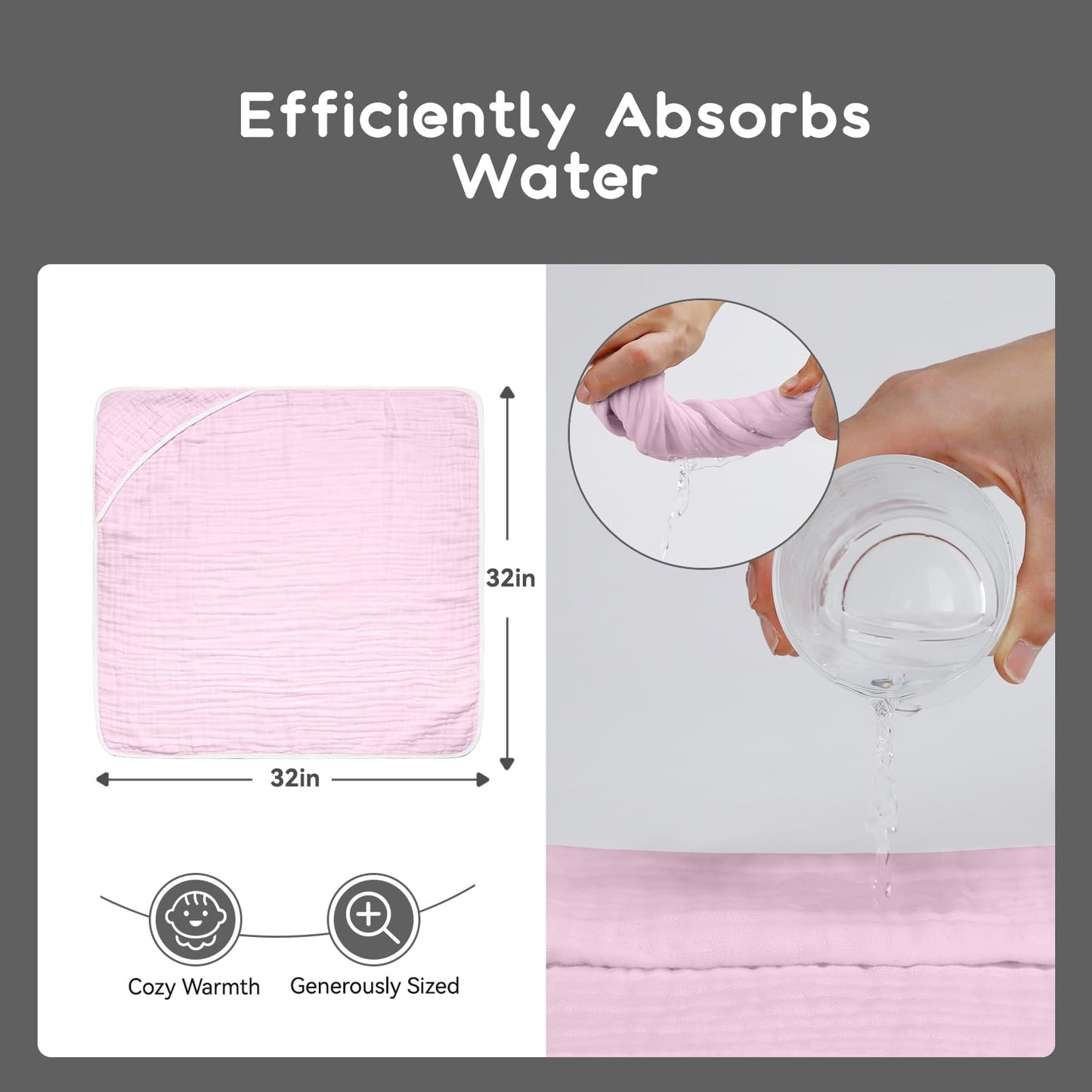 Arnzion Baby Hooded Towels For Babies And Toddlers, Muslin Baby Bath Towel Soft And Absorbency For Baby Girls (Pink And White 2)