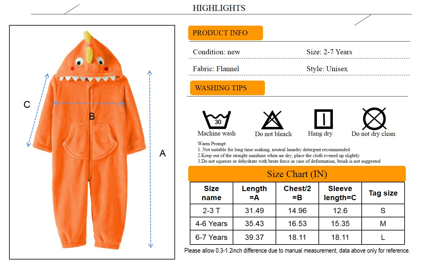 Lolanta Toddler Boy Girl Halloween Costumes Jumpsuit Dinosaur Soft Animal Bodysuit Rompers For Kids Birthday Gift (Orange, 2-3T)