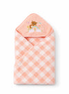 Hi mom Baby Hooded Towel, Peach Gingham, Teddy Bear Rainbow Embroidery, Soft Wrap for Infants (Orange)
