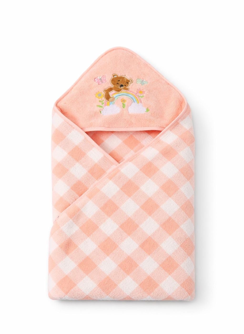 Hi mom Baby Hooded Towel, Peach Gingham, Teddy Bear Rainbow Embroidery, Soft Wrap for Infants (Orange)