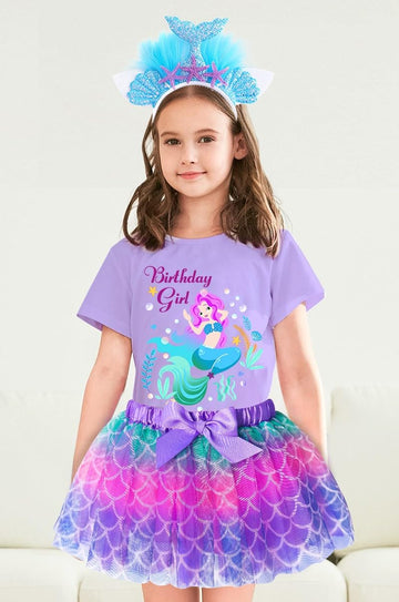 Doctor Unicorn Birthday Girls Mermaid Outfit Set Costume Tutu Skirt Dress, Mermaid Birthday Shirt, Headband & Satin Sash (Blue/P
