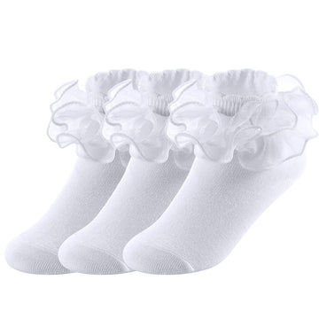 Yepami Big Girls Lace Socks Shimmering Cute Ruffle Comfortable Frilly Dress Ankle Socks 3 Pairs (White, Medium, 5_Years)