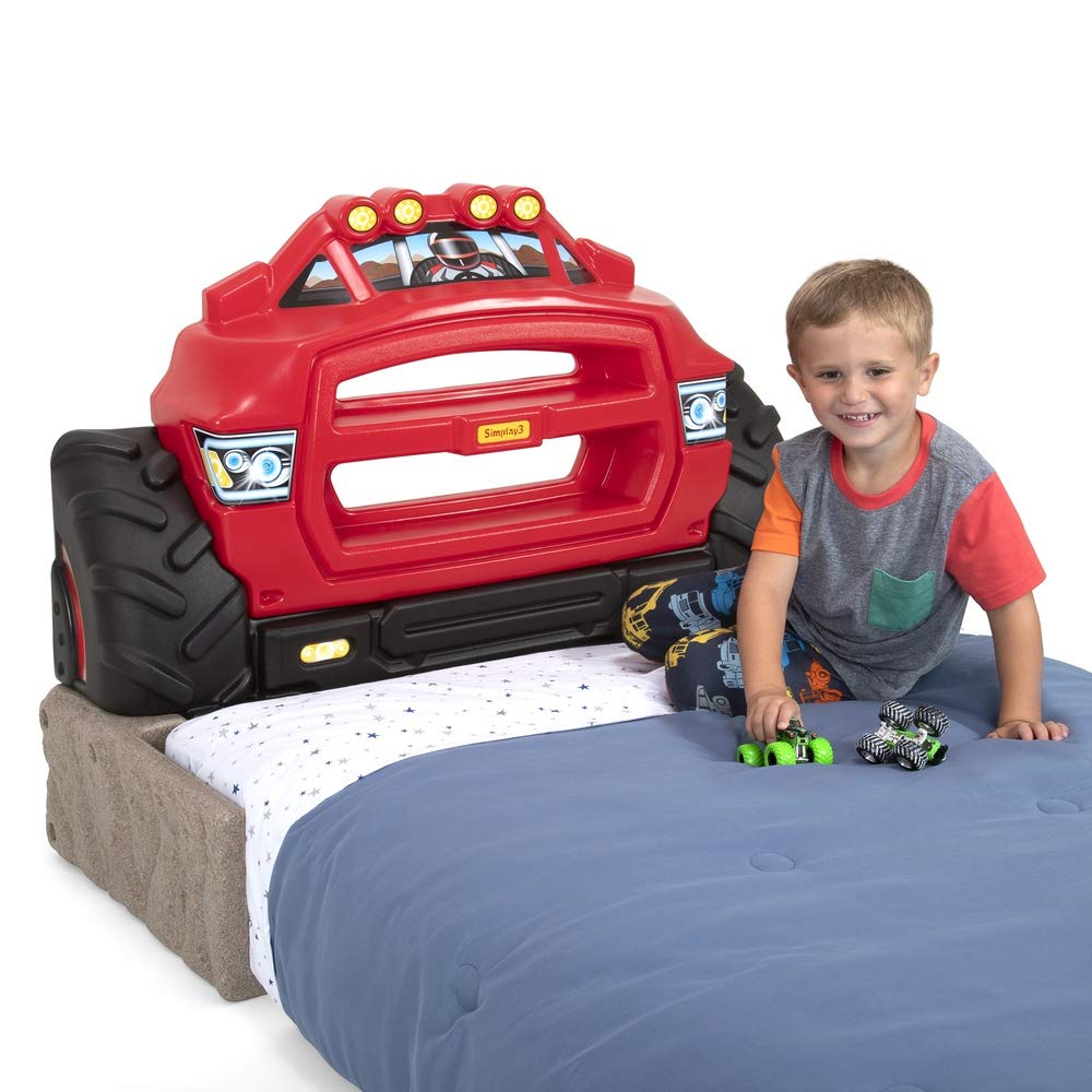 Simplay3 Monster Truck Headboard, Twin Size Plastic Car Bed Headboard for Kids, Toddlers and Boys with Toy Car Storage - Red, Ma