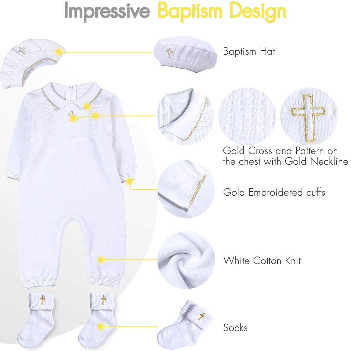 Hapiu Baby Boy Baptism Outfit With Hat Christening Outfit-Cross Detail, 9-12M, Pure White