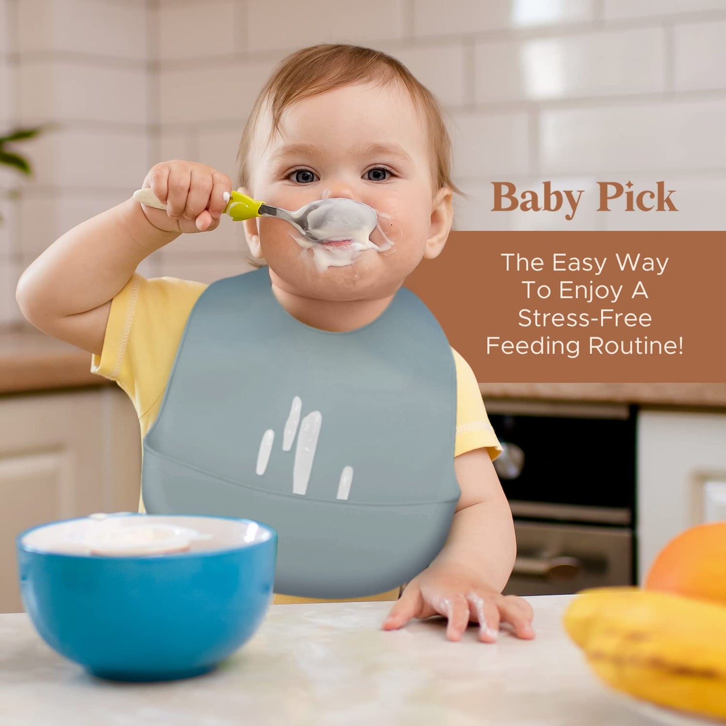 Baby Pick Silicone Bibs For Babies- Bpa-Free Waterproof Bib With Pocket- Dishwasher Safe Feeding Bib With Food Catcher (Grey Blu