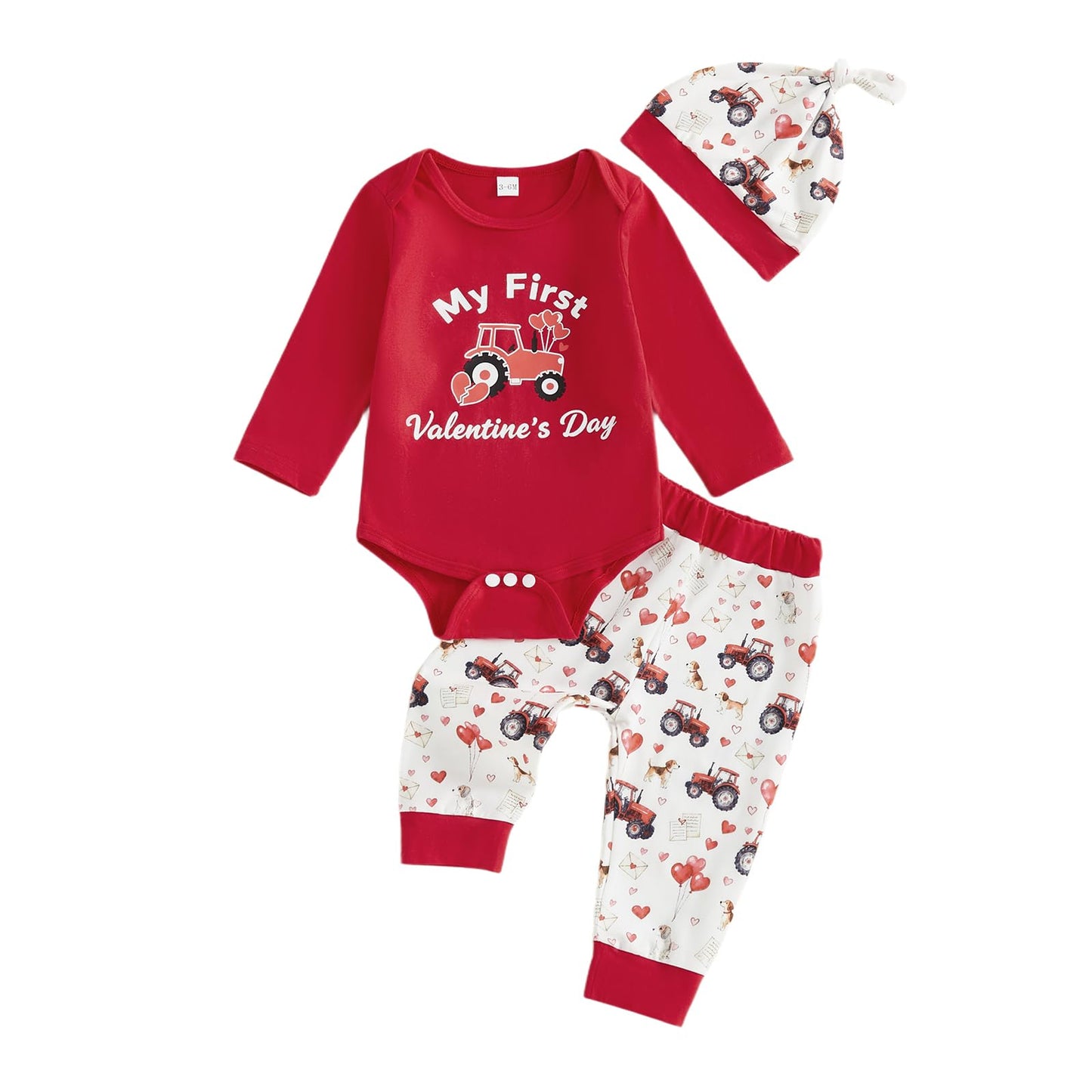 Sasaerucure Infant Baby Boy First Valentines Day Outfit Heart Printed Long Sleeve Romper Pants Hat 3PCS Clothes Set (Red, 6-12 M