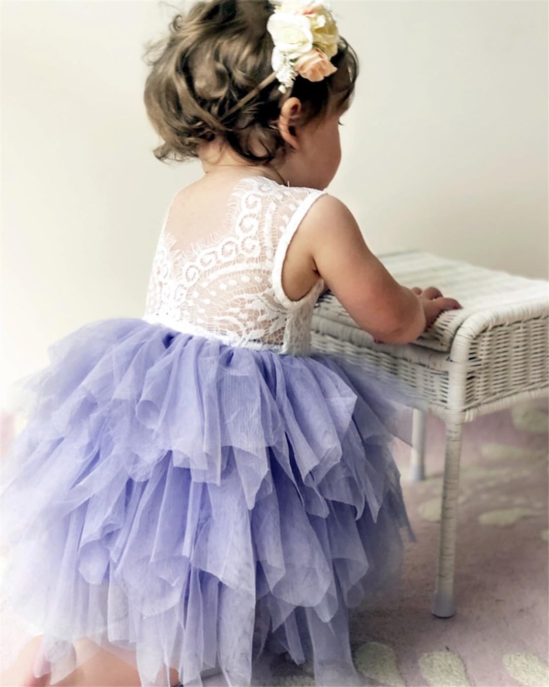 2Bunnies Girl Peony Lace Back A-Line Tiered Tutu Tulle Flower Girl Dress (Gray Sleeveless Short, 12M)