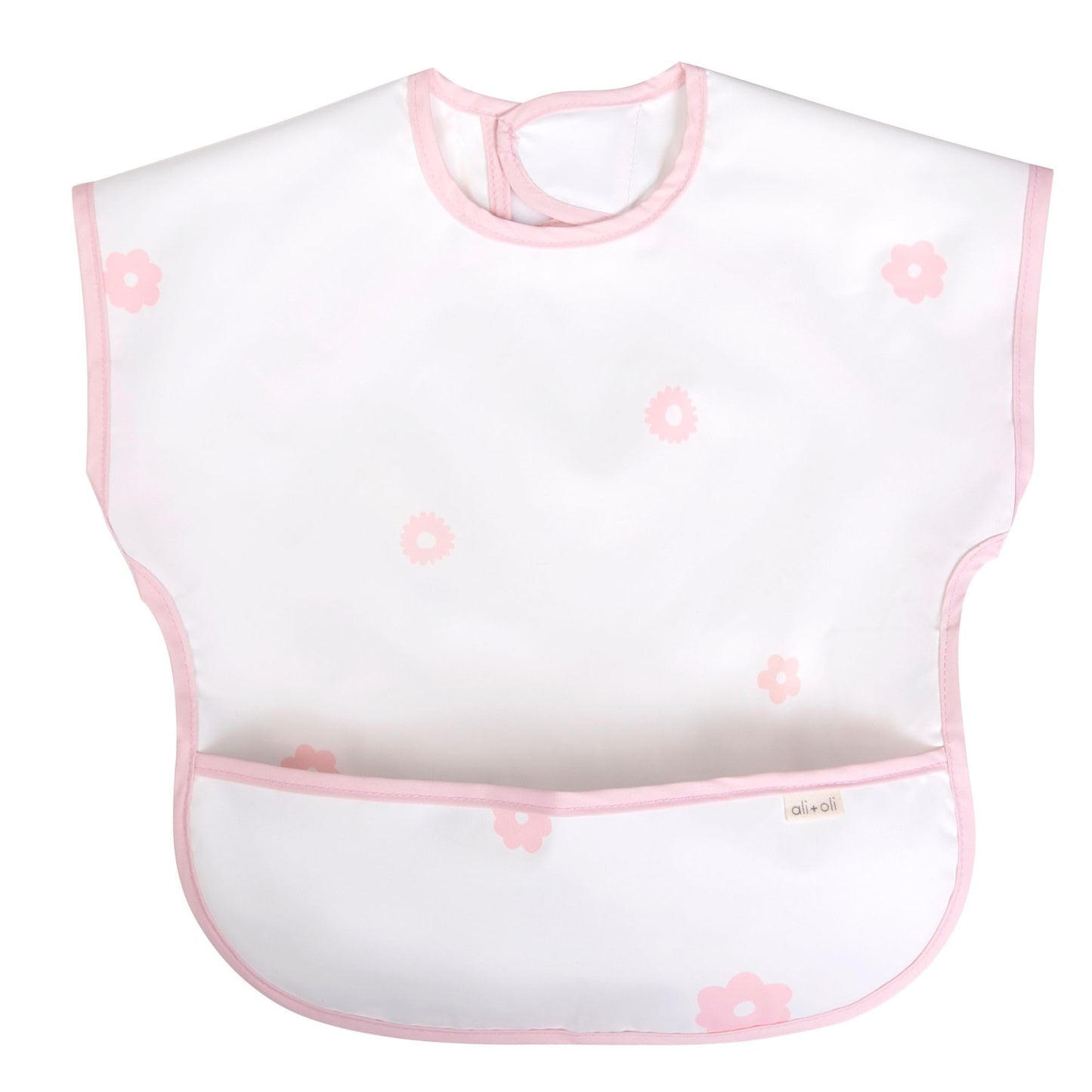 Ali+Oli Smock Bib for Baby (1-pc) Short Sleeve (Pink Flowers) BPA-Free Oeko-Tex Certified, Mess Proof Baby Bib for Eating, Water