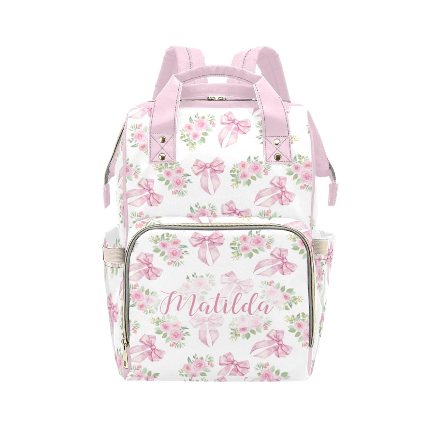 Workvalor Personalized Pink Bow with Floral Diaper Baby Bag Backpack with Name - Custom Baby Travel Tote for Mom or Dad, Nursing