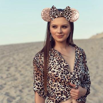 Leopard Mouse Ears Headband For Women - Princess Dress Hair Accessory And Park Decoration (Rose Gold)