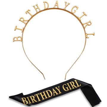 Zonon Birthday Headbands Birthday Satin Sash And Tiara Happy Birthday Crown Party Favor Decorations For Girls Women (Gold)