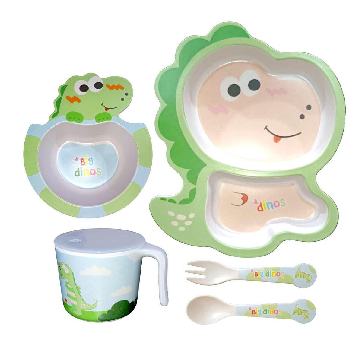 Deepashri Dinosaur Shape Bamboo Fibre Dinner Set For Kids Baby Tableware Set Plate, Bowl, Cup, Fork And Spoon | Feeding Utensi