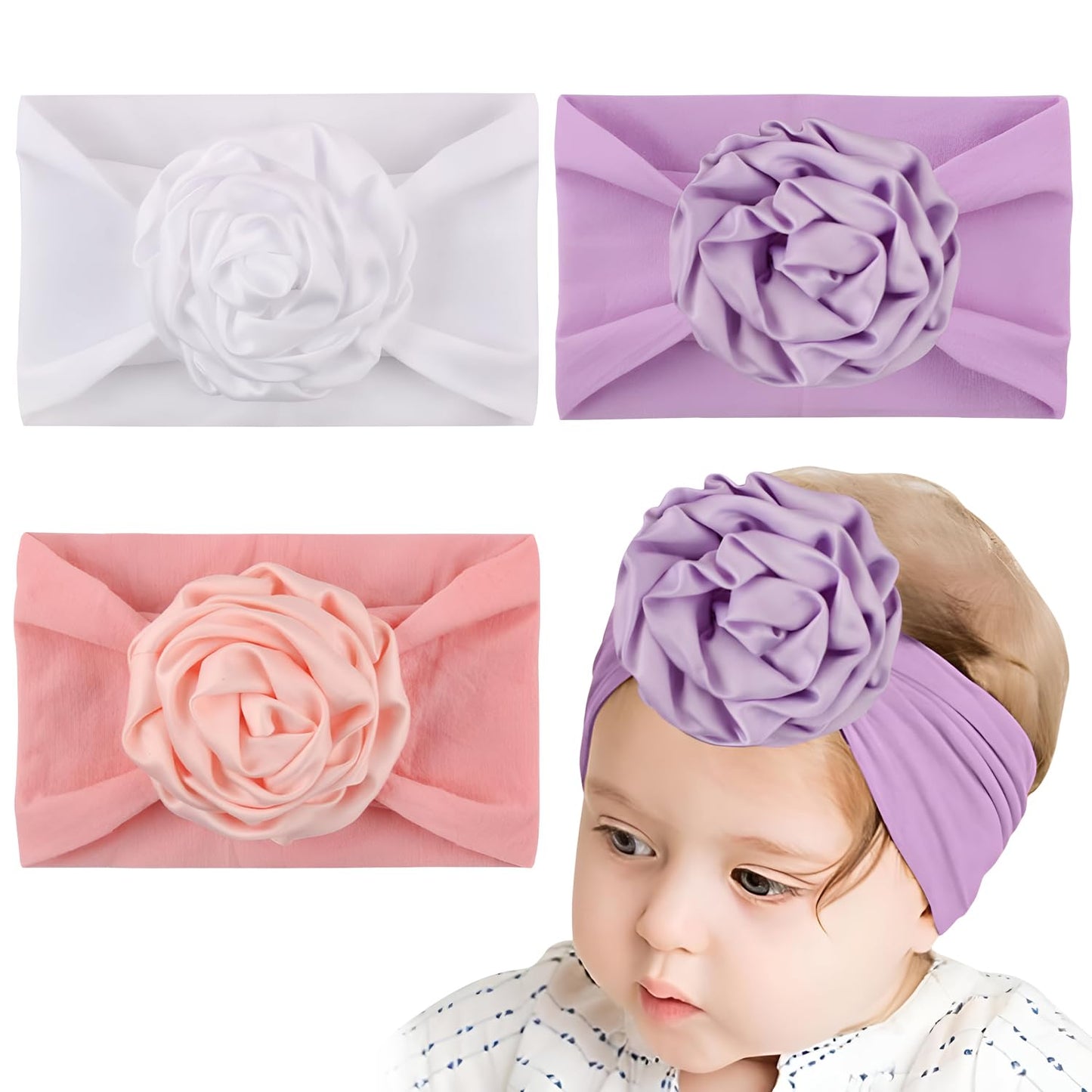 Syga Pack Of 3 Baby Headband Soft Nylon Fancy Flower Stretchable Hairband For Newborn Infant Toddlers Kids 03 Year (Pink, Purpl
