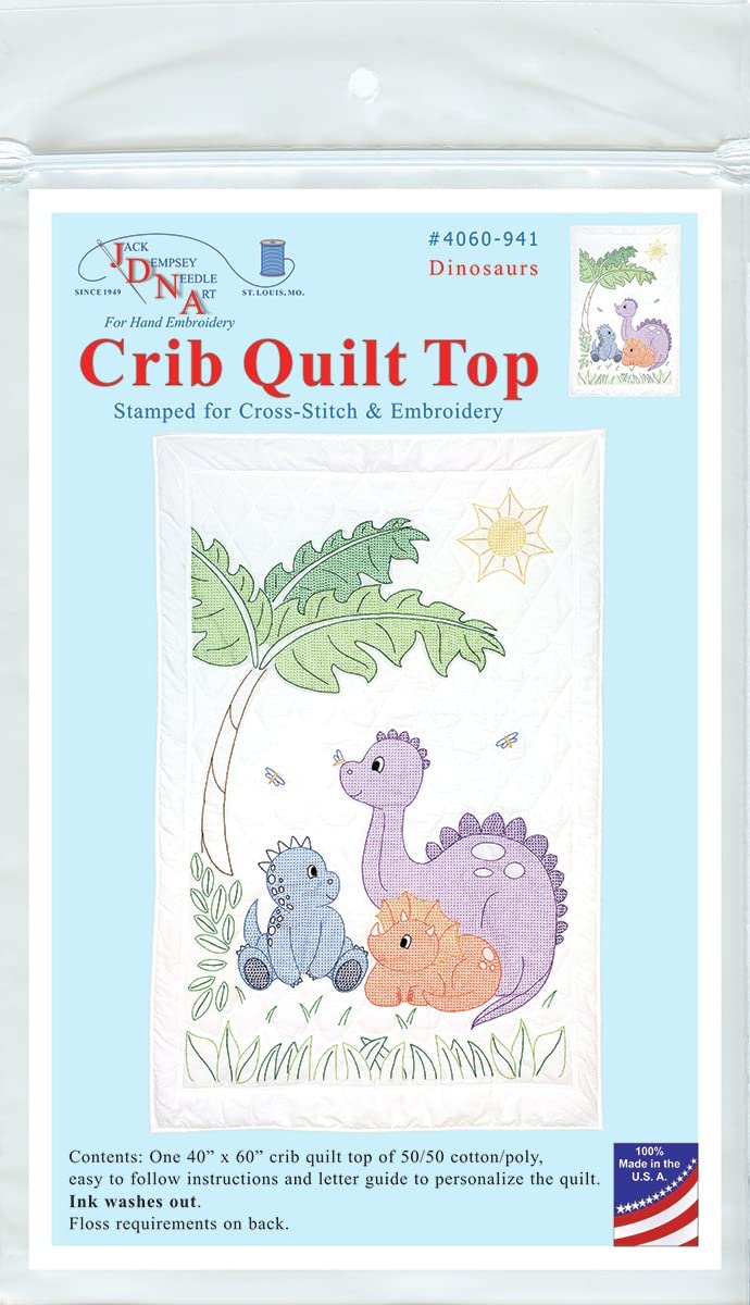 Jack Dempsey Needle Art - Dinosaurs Crib Quilt Top,white,40 x 60