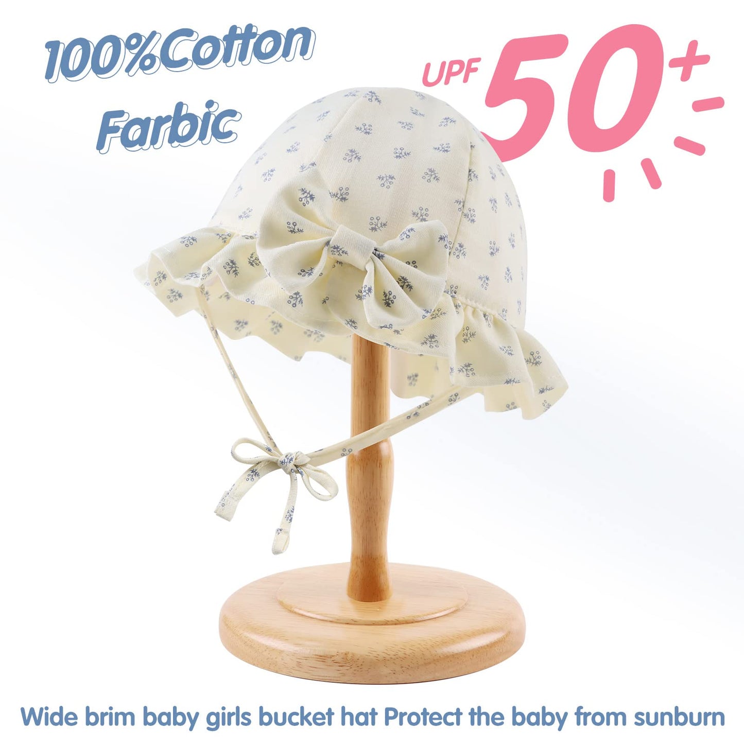 Jangannsa Bow Baby Girls Summer Hat Flower Toddler Girls Sun Hat Cotton Breathable Infant Cap (Beige Floral, 18.1'(3-6 Months))