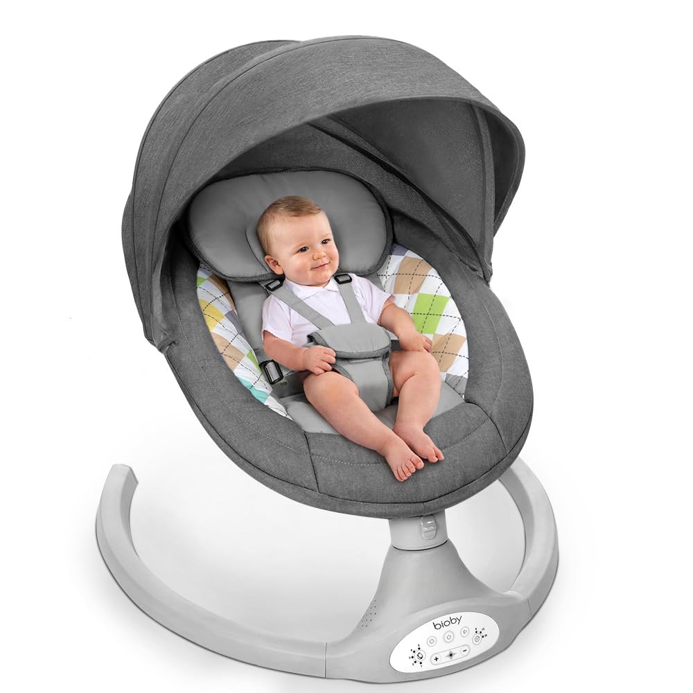 Bioby Baby Swing For Infants With 5 Natural Sway Speeds, Portable Bt Music Bouncer With Remote Control & 5-Point Harness, Lightw