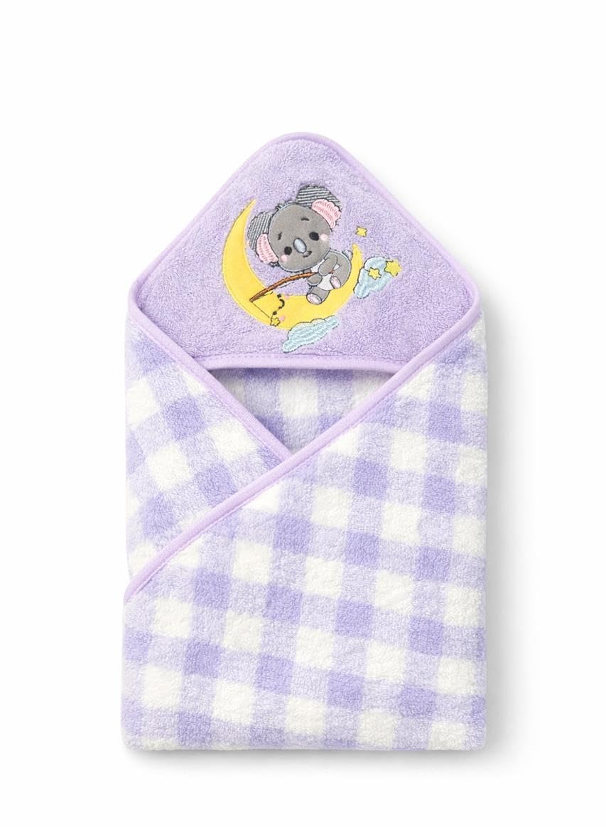 Hi mom Baby Hooded Towel, Peach Gingham, Teddy Bear Rainbow Embroidery, Soft Wrap for Infants (Purple)
