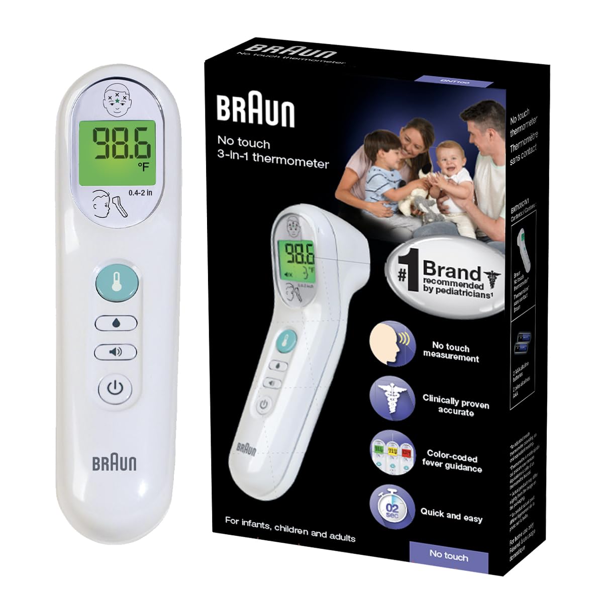 Braun No Touch 3-In-1 Thermometer, Measures Forehead, Liquid And Food Temps, Professional Accuracy And Color Coded Fever Guidanc