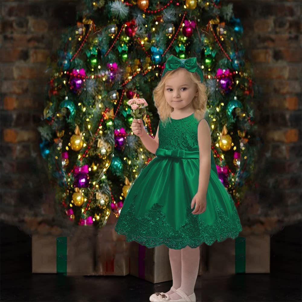 Little Girls Christmas Embroidery Lace Dresses Princess Easter Halloween Wedding Formal Event Dress(Green,120) 5-6 Years