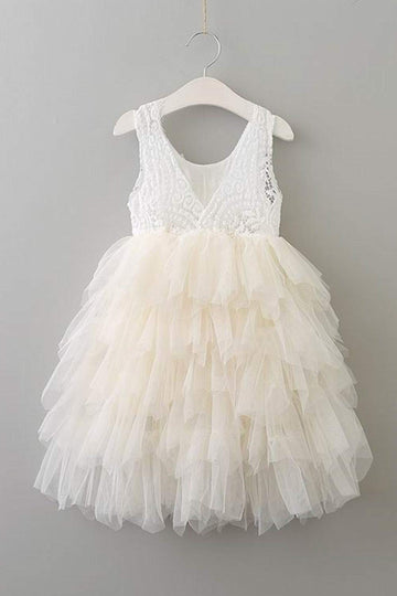2Bunnies Girl Peony Lace Back A-Line Tiered Tutu Tulle Flower Girl Dress (Ivory Sleeveless Maxi, 9-10Yrs)