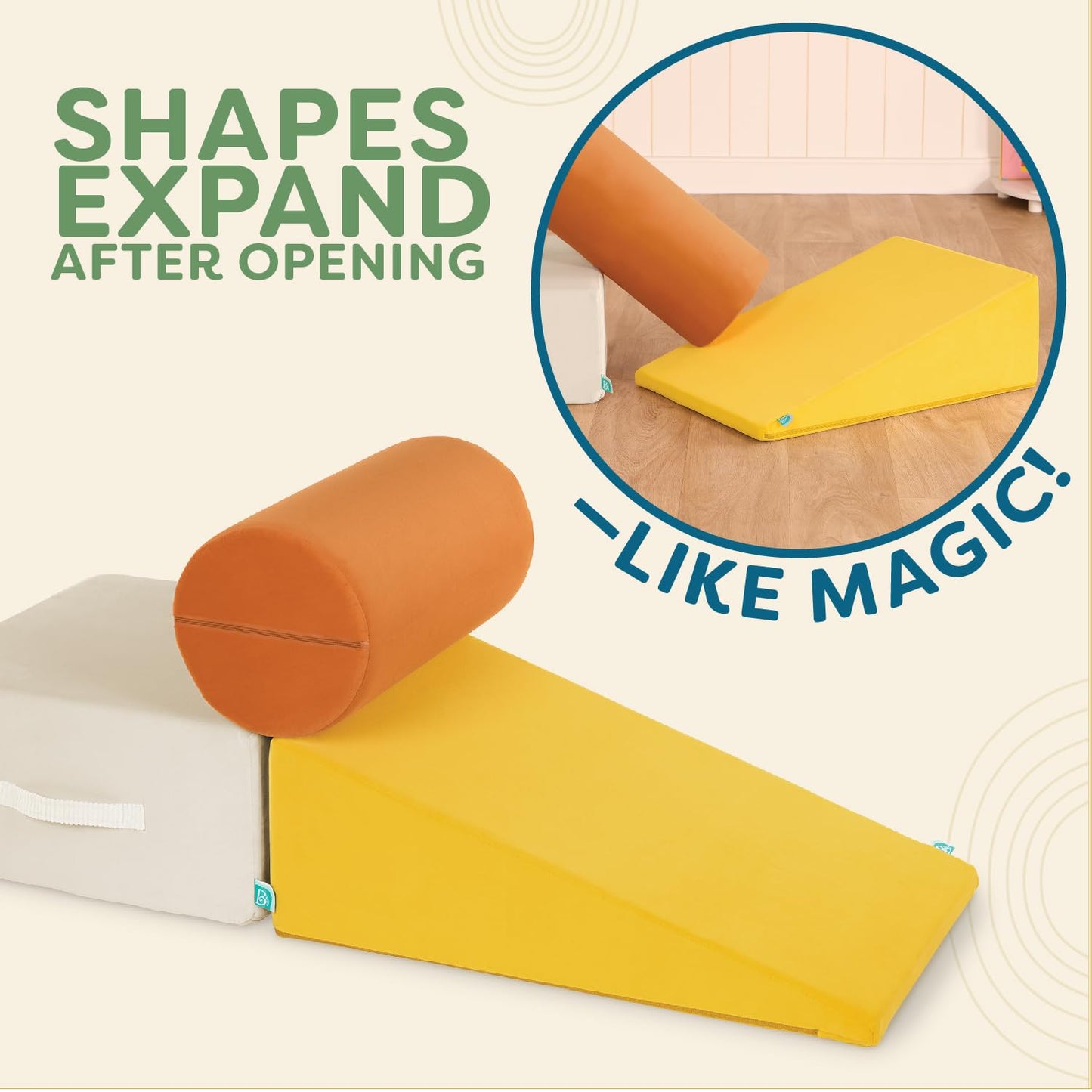 B. Toys - Sensory Foam Shapes - 3Pc Foam Building Set - Cylinder, Ramp, Block - Removable & Machine-Washable Covers - 12 Months