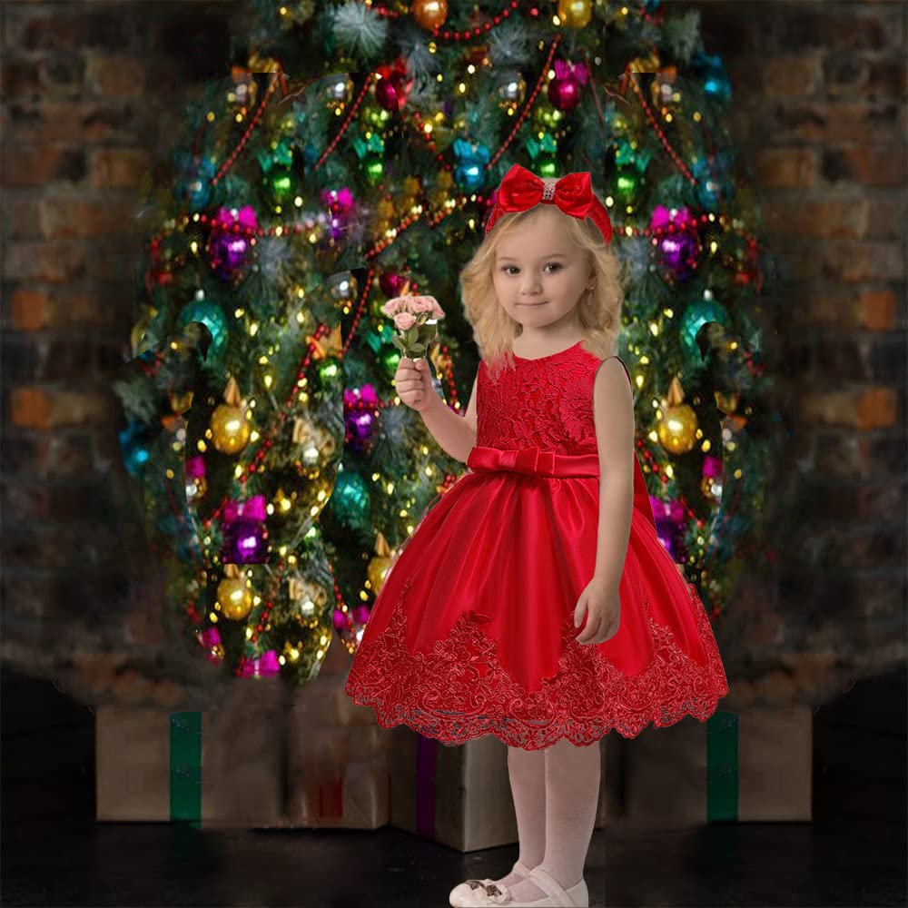 Lottle Girls Christmas Embroidery Lace Dresses Infant Easter Halloween Wedding Formal Event Dress(Red,120) 5-6 Years