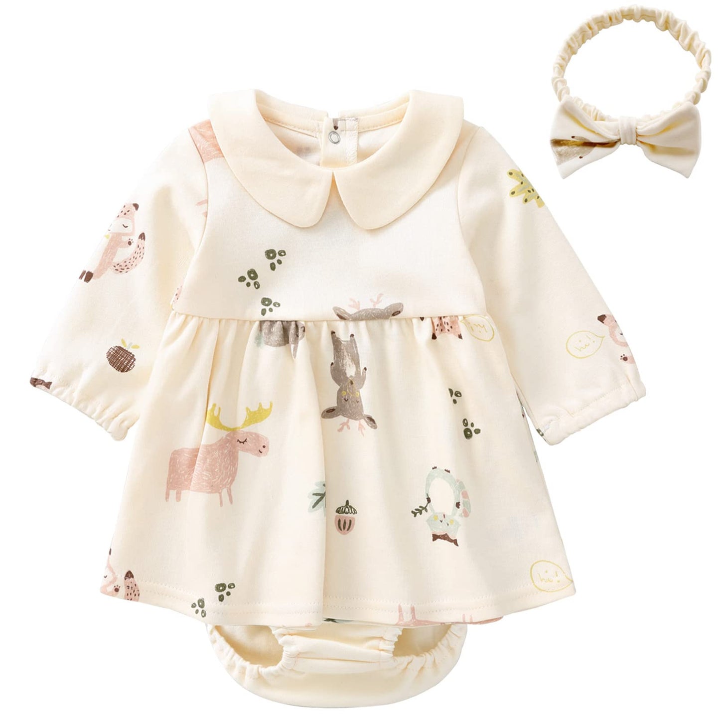 Pureborn Baby Girl Dress Infant Long Sleeve Peter-Pan Collar Spring Fall Cotton Playwear Dresses Beige 6-9 Months
