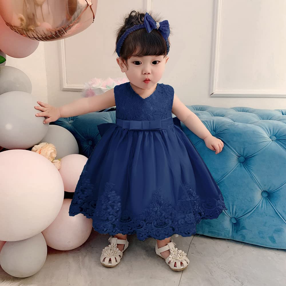 Nssmwttc Baby Girl Ball Gown Dress Infant Birthday Party Christmas New Year Dresses Toddler Christmas (Navy Blue,6M)