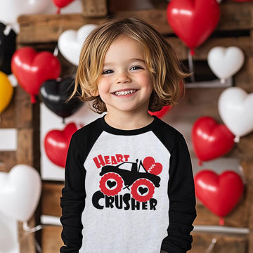 Valentine'S Day Shirt For Boys Girls Monster Truck Heart Crusher Tops Toddler Kids Raglan Sleeve T-Shirt 6 Years