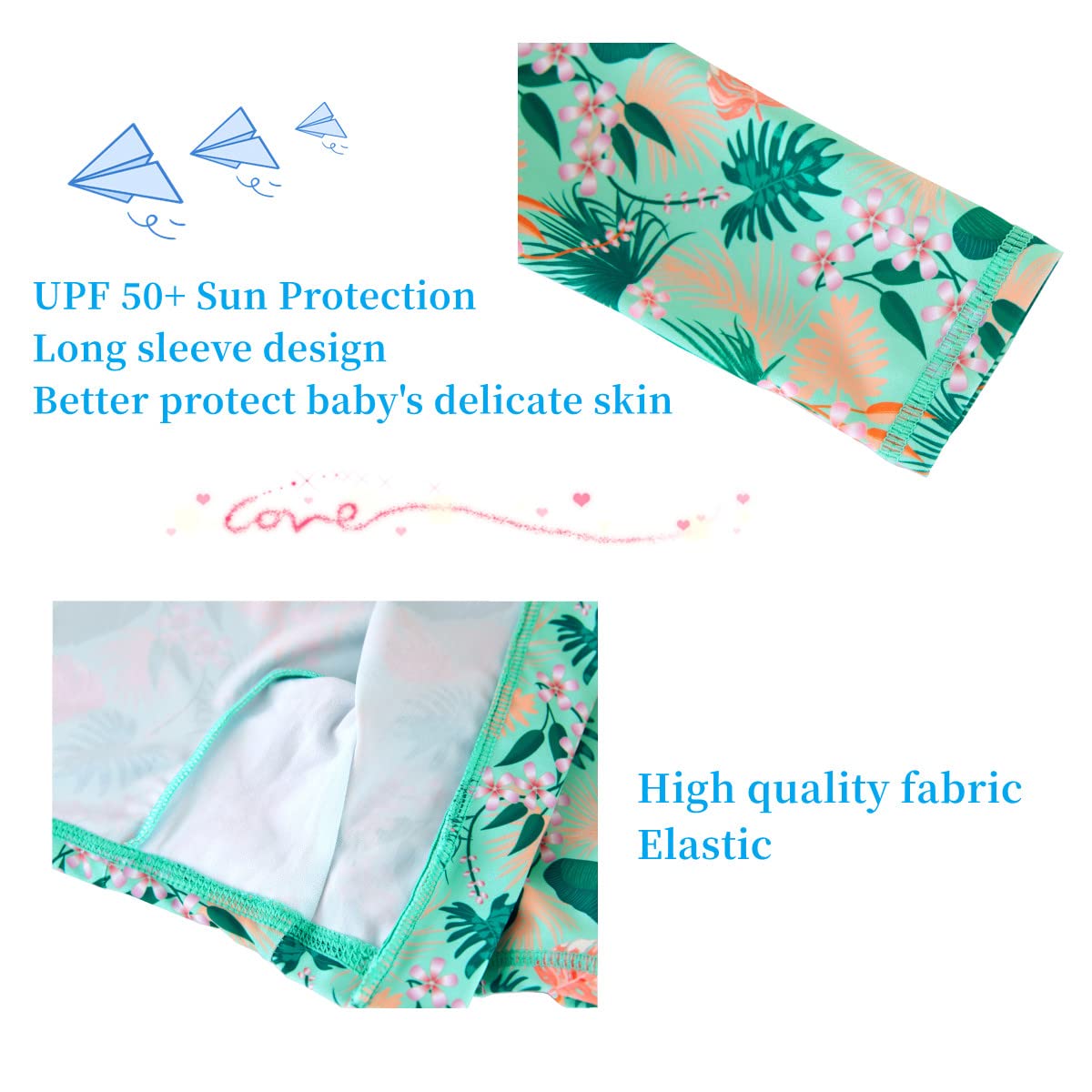Umelok Infant Swimwear Girls One Piece Full Zip With Long Sleeve Upf 50+ Sun Protection Swimsuit Green-Banana Leaf,3M