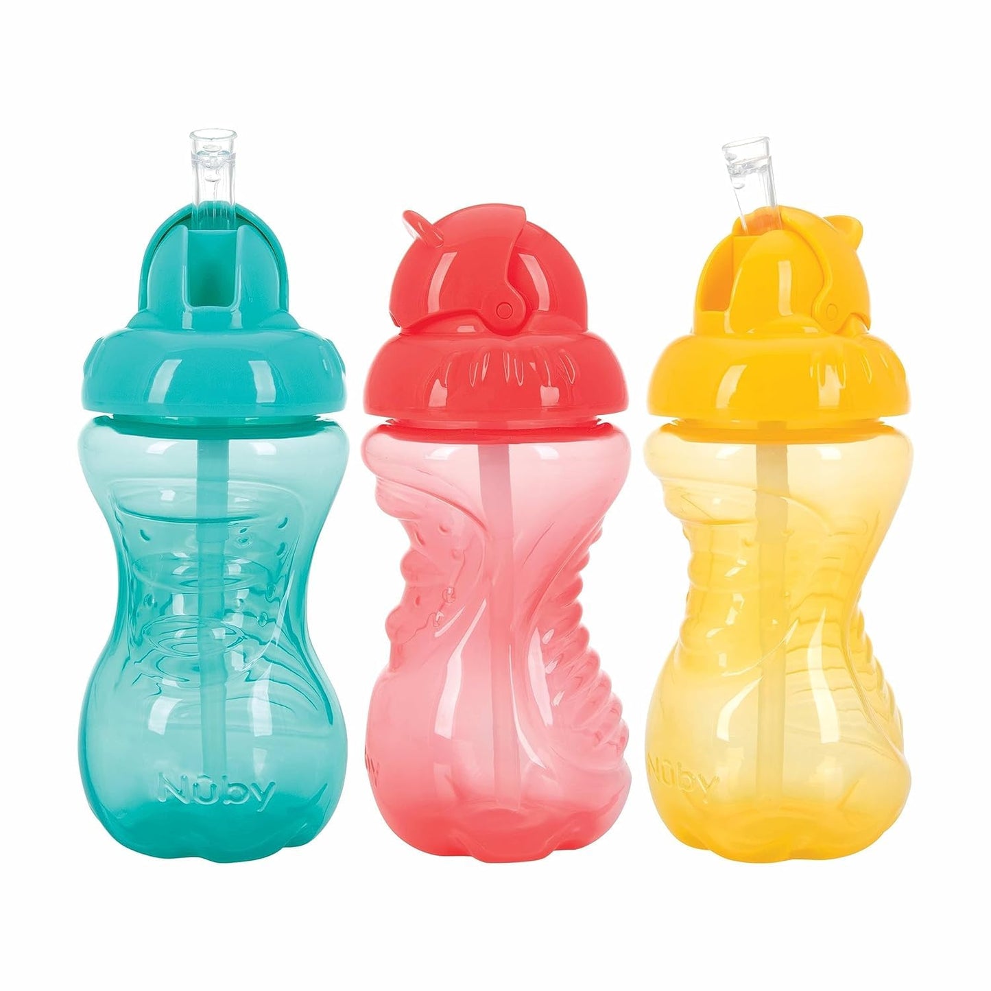 Nuby 3 Pack No Spill Flip it Soft Straw Toddler Sippy Cups - Toddler Cups Spill Proof with Easy and Firm Grip - Aqua, Coral, Yel