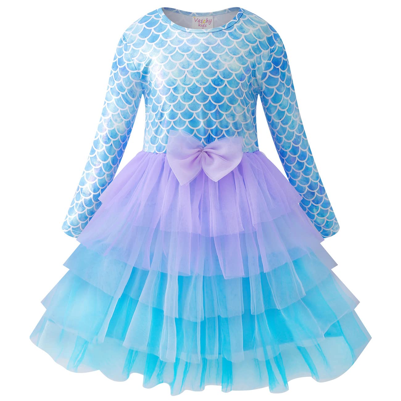 VASCHY Mermaid Tulle Tutu Dress for Girls,Cute Autumn Spring Long-Sleeve Birthday Wedding Party Halloween Costume Dress up Outfi