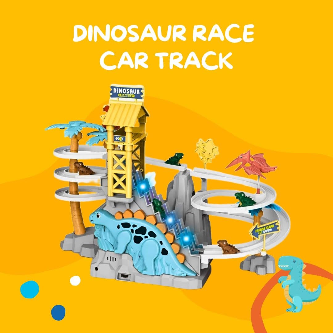 Gemprime Dinosaur Climbing Slide With Race Track, Lights And Music - Adventure Toy For Toddlers & Kids Age 3-8 - Blue