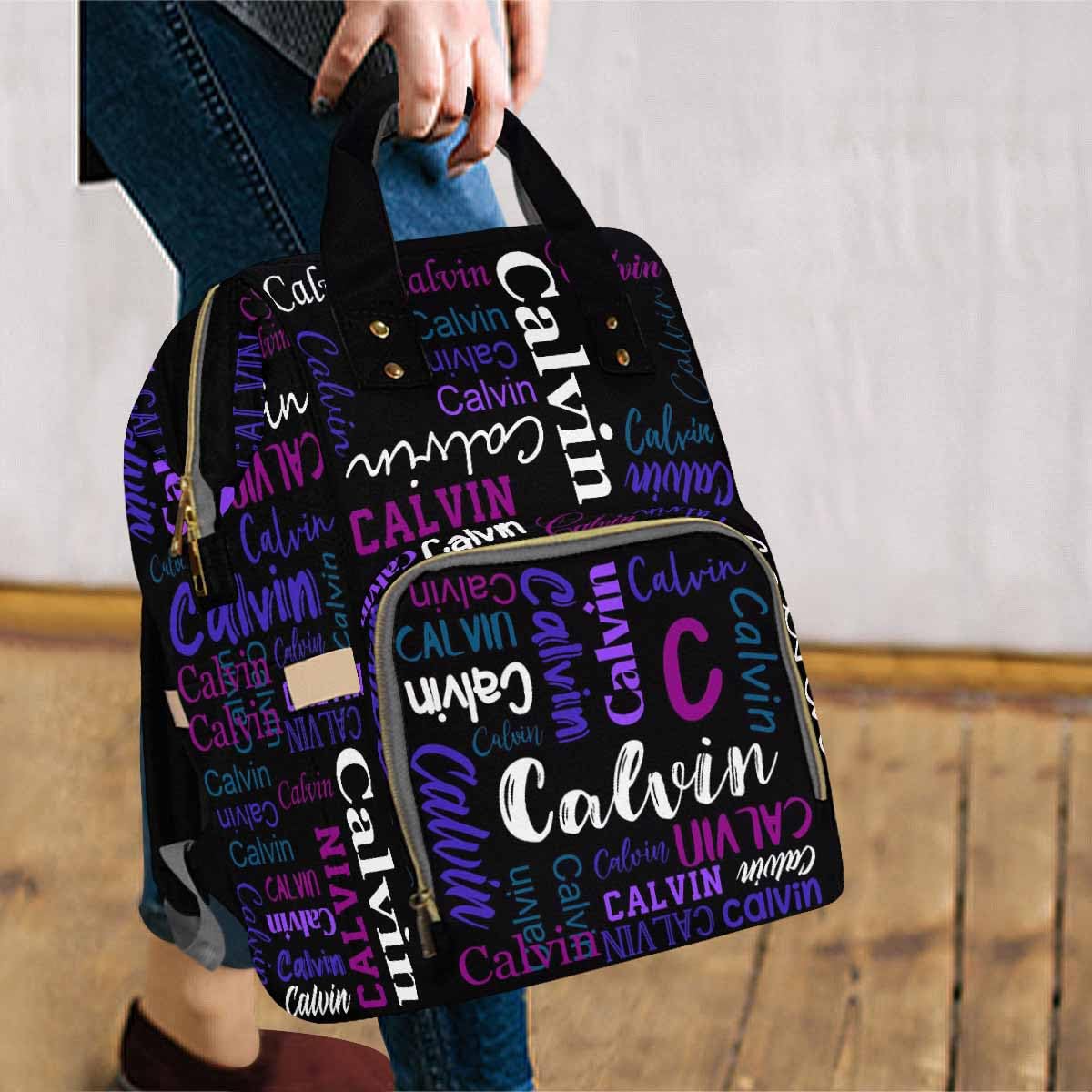 Personalized Bag, Custom Diaper Bag White & Purple Name Initial Black Fashion Multipurpose Daycare Bag Mummy Nursing Baby Bags S