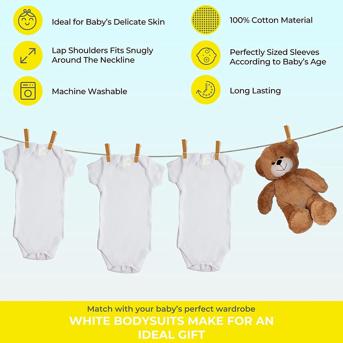 Spasilk Baby 5 Pack Short Sleeve Cotton Bodysuits For Infant And Newborns, White, 9 Months