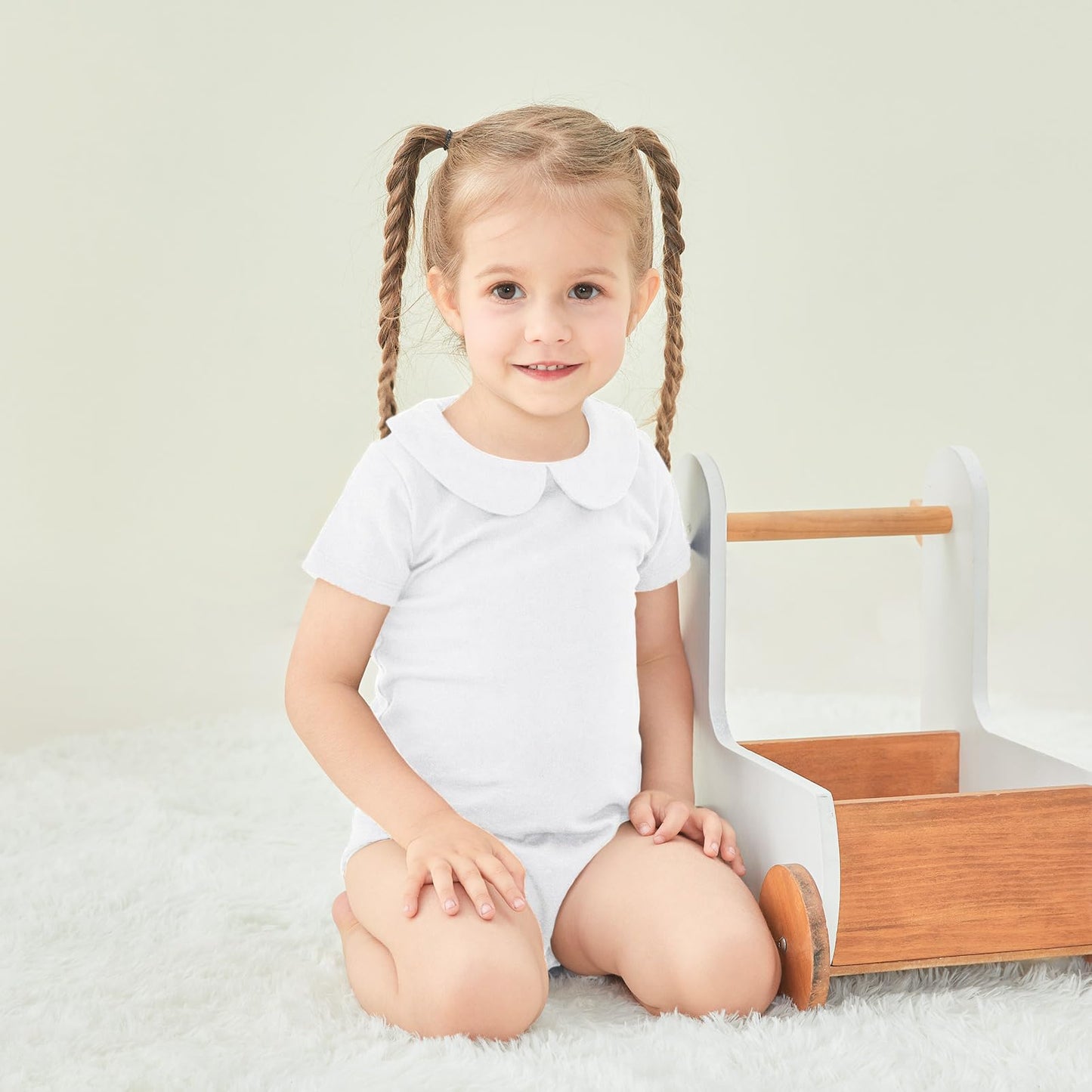 Pureborn Baby Girls Bodysuit Cotton Peter-Pan Collar Short Sleeve One-Piece White 6-9 Months