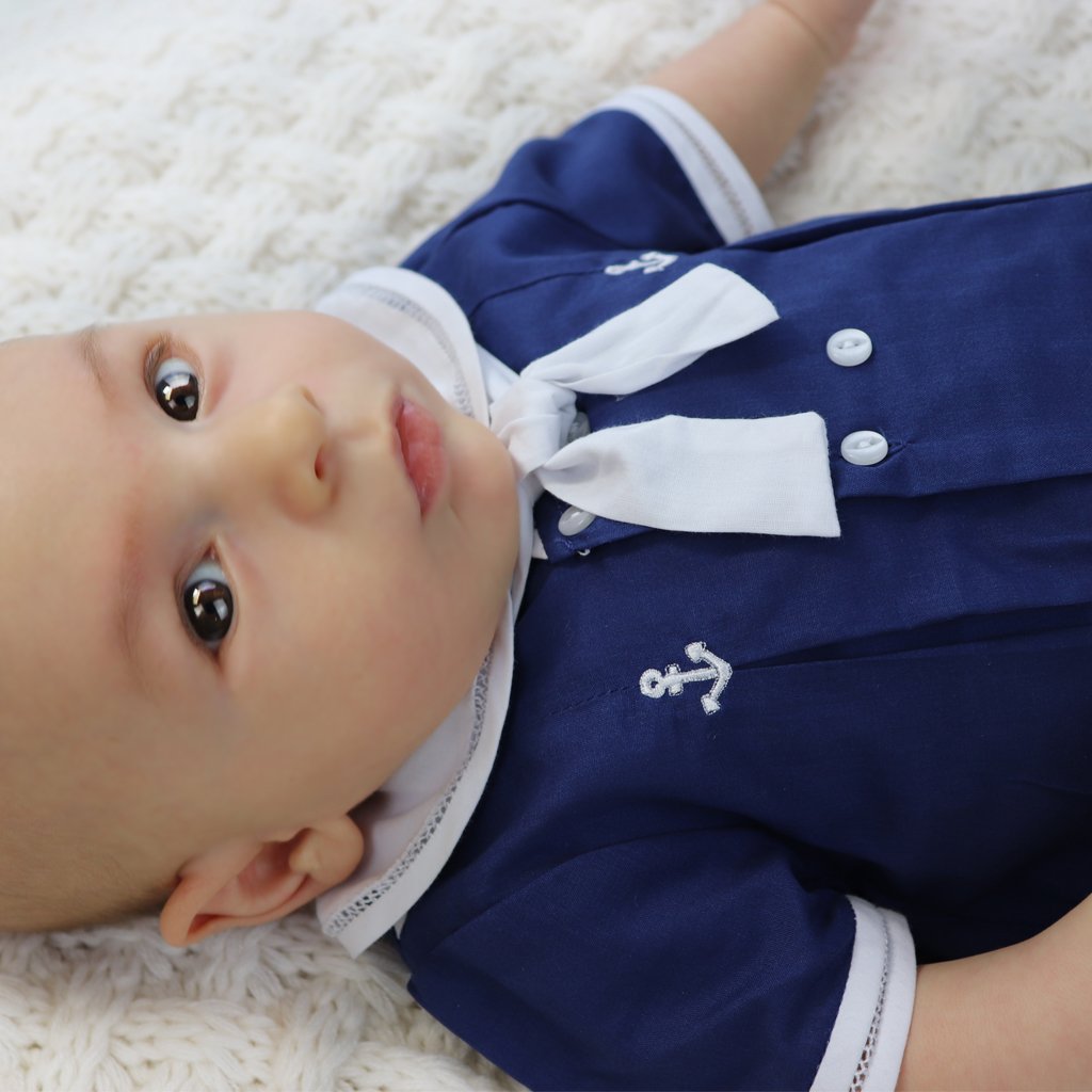 Petit Ami Baby Boys' Sailor Romper With Embroidered Anchors, 3 Months, Blue