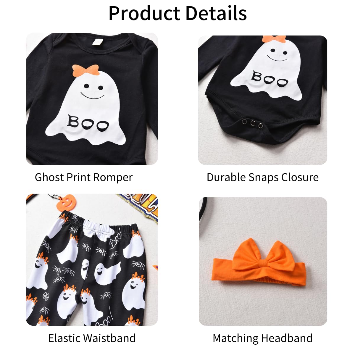 Hiha Baby Halloween Outfits Toddler Girls Boys One Piece Romper Ghost Pants Headband Halloween Clothes 3Pcs (Girls, 0-3Months)
