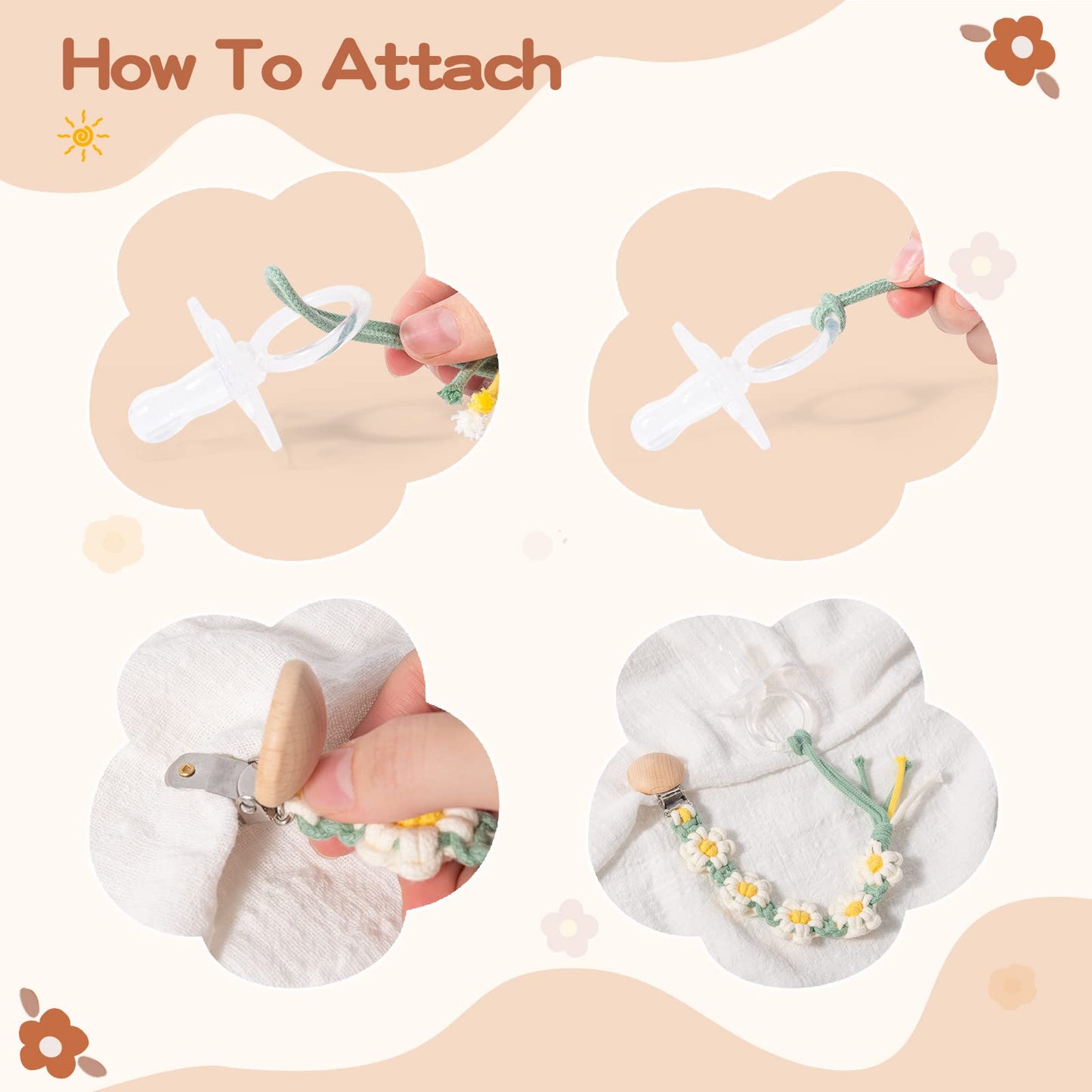 Symbolife Pacifier Clip For Boys Baby Girls Floral Daisy Macrame Paci Clip Boho Wooden Clips Handmade Braided Cotton Binky Clips