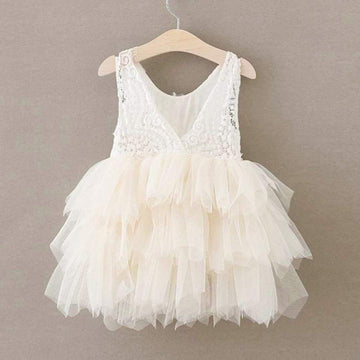 2Bunnies Girl Peony Lace Back A-Line Tiered Tutu Tulle Flower Girl Dress (No Applique Ivory, 7-8Yrs)