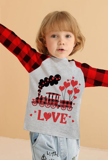 Valentine'S Day Kids Raglan Long Sleeve Shirt Train Buffalo Red Plaid Shirt Boys T-Shirts 2T