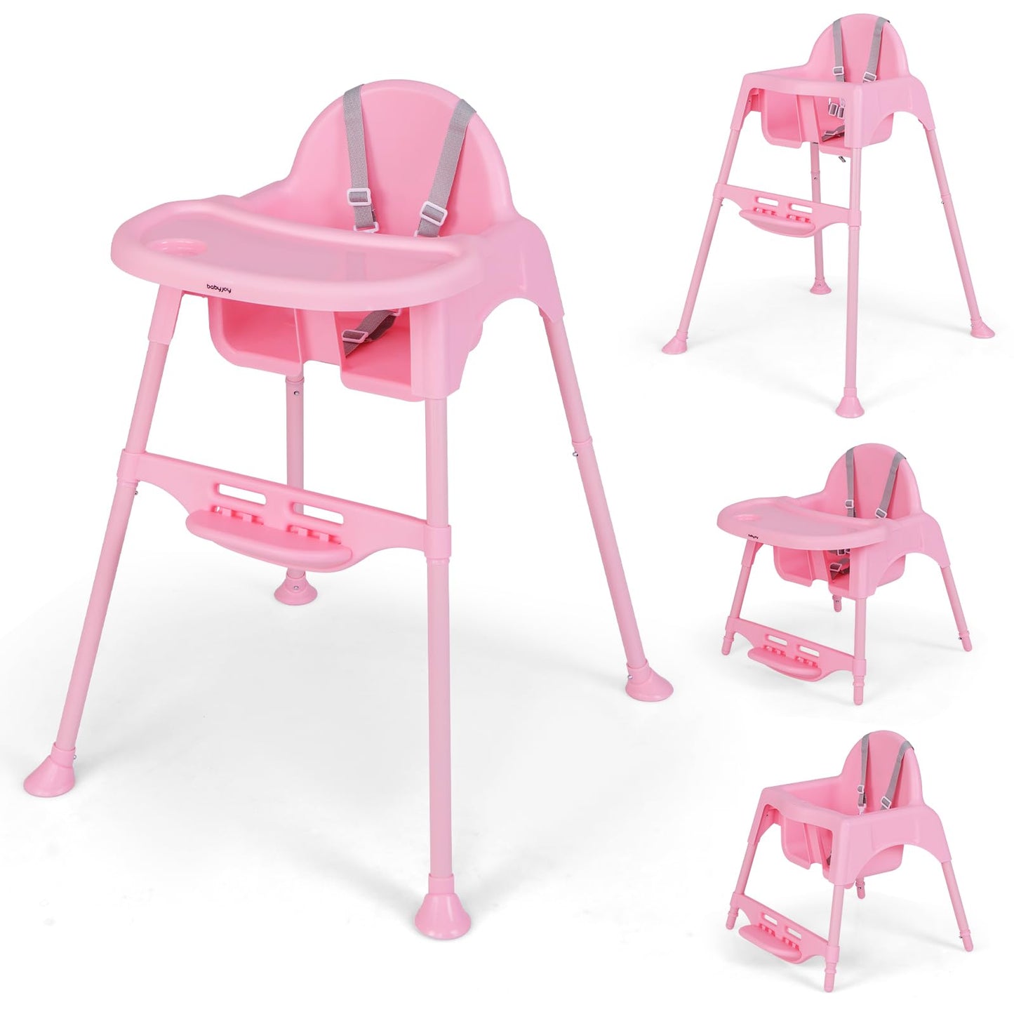 BABY JOY Baby High Chair, 4 in 1 Convertible Highchair with Adjustable Legs & Footrest, Removable Tray, Safety Harness, Infant F