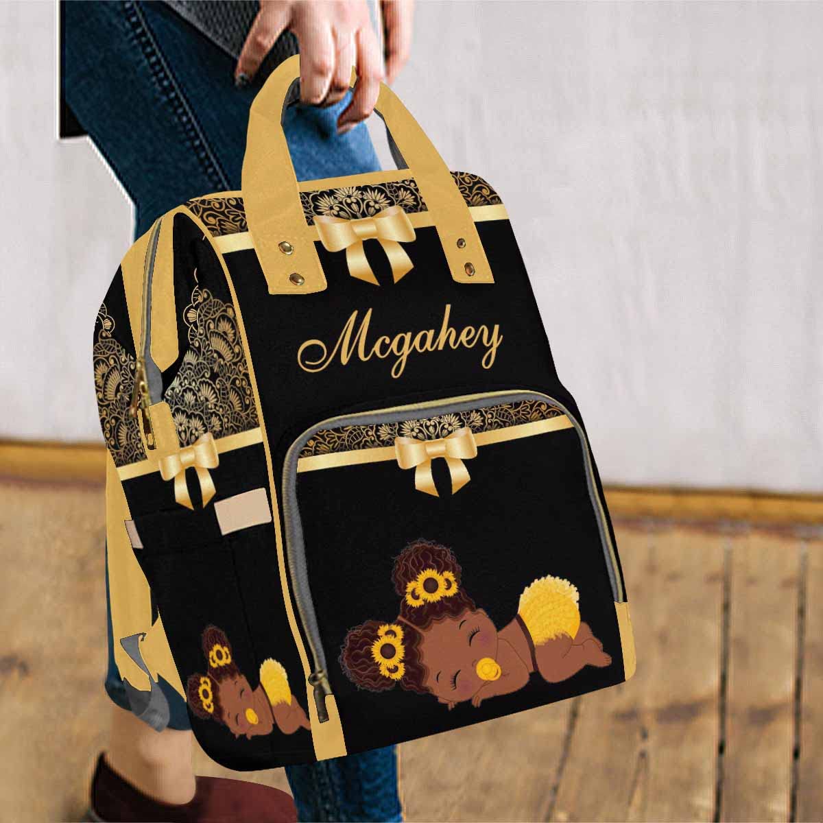 Artsadd Personalized Diaper Bag Backpack With Name, Customized Sunflower Black Nappy Backpack With Thermal Pockets Multifunction