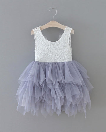 2Bunnies Girl Peony Lace Back A-Line Tiered Tutu Tulle Flower Girl Dress (Gray Sleeveless Short, 12M)
