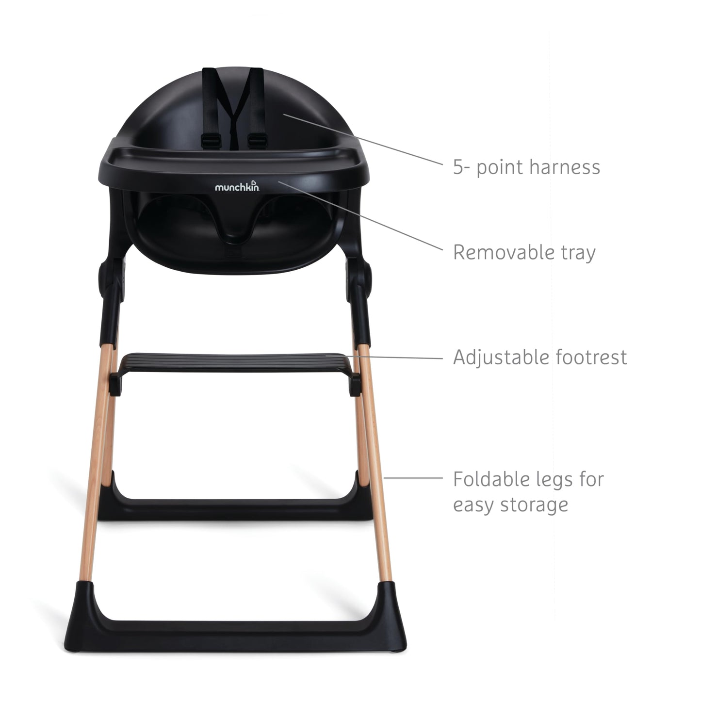 Munchkin Float Baby High Chair, Foldable And Easy To Clean, For Babies And Toddlers, Black With Wooden Legs